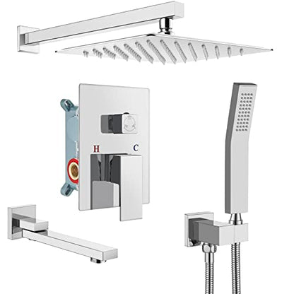 gotonovo Tub Shower Faucet Set with Valve Kit 12’’ Head,Polished Chrome | Shower System with Tub Spout,SUS304 Rain Head with Handheld Sprayer,Swivel Spout,All Metal,Rough-In Valve Trim Kit,Wall Mount - color: Chrome, size: 12’’ Head