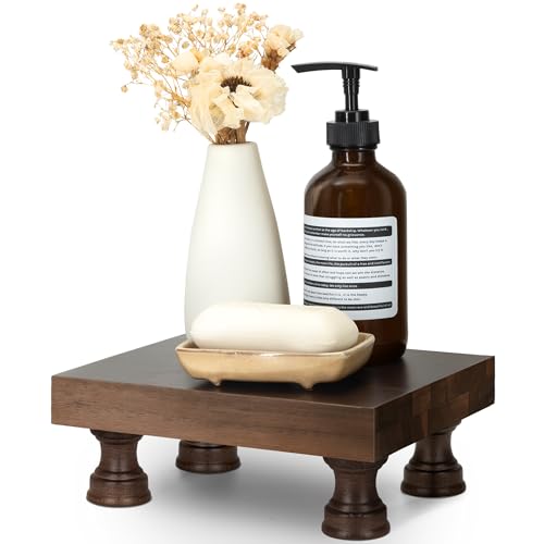 EOSAHR Wood Riser for Decor & Display Stand for Kitchen Counter, DarkBrown | Acacia Wood, Rich Wood Grain, 8.5" Pedestal Stand, Bathroom Vanity Organizer, Perfume & Plant Display, Ideal Home Decor - color: B-Dark Acacia
