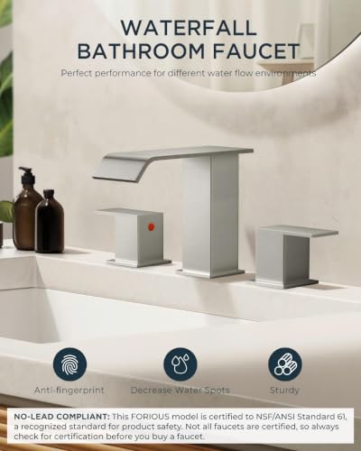 FORIOUS Widespread Bathroom Sink Faucet 3 Hole 8 Inch 2 Pack Brushed Nickel | 3-hole 4-12 Inch Widespread Sink, Square Waterfall Spout, with Drain and Hoses,for Vanity Rv Commercial Lavatory Restroom - color: Stainless Steel x2PCS