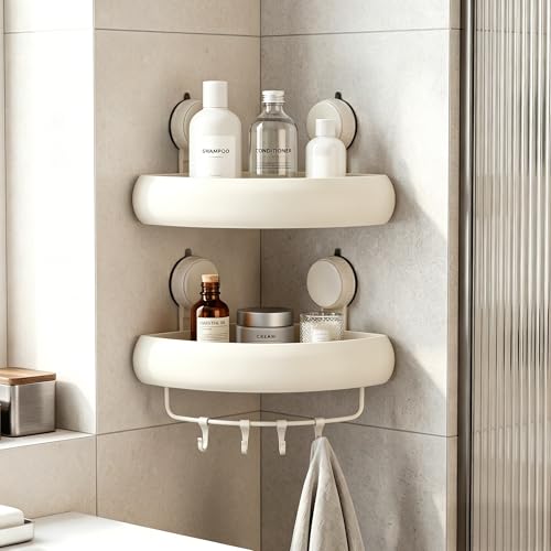Corner Shower Caddy Suction Cup,2 Pack Cream White No-Drilling Shower Shelves,Rust Proof Shower Racks for Inside Shower with Removable Hooks and Towel Bar - color: Corner-White