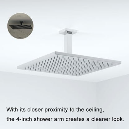 Chrome Shower Arm with Flange, 4 inch, Short | Universal Replacement Part for Ceiling-Mounted Square Straight Shower Head Extension Arm Pipe, Stainless Steel - color: Chrome