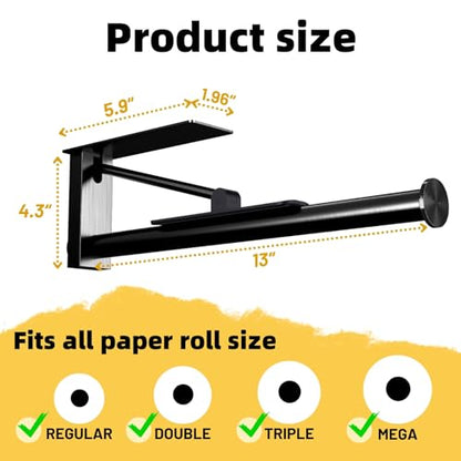 Under Cabinet Paper Towel Holder, One-Hand Tear Paper Towel Holder, Black | Stainless Steel Wall Mount Self Adhesive Paper Towel Rack with Tension Arm, Fits for First Apartment Essentials, Kitchen, RV - color: Black