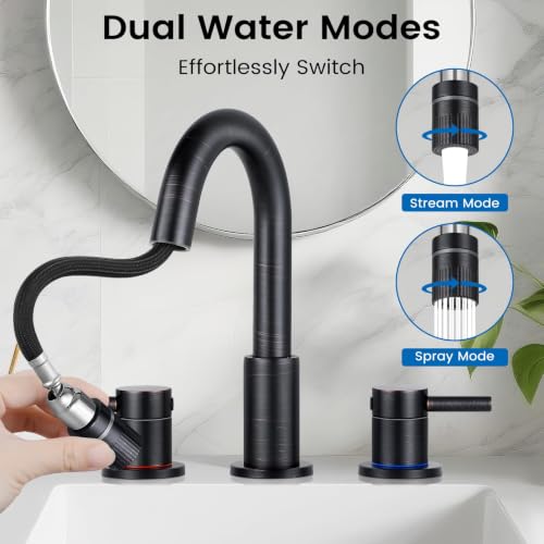 Pull-Down Bathroom Faucet 3 Hole 8 Inch with Pop-Up Drain,Oil Rubbed Bronze | 360° Swivel Spoutr & Dual Modes,8" Widespread 2-Handle, Pop-Up Drain & 10-Min Install for 3-Hole Bathroom Sink Faucets. - color: ORB