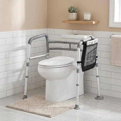 Foldable Toilet Safety Rails & Adjustable Frames for Seniors | Height & width adjustable to fit most toilets. Secure handles & suction cups provide maximum safety for the disabled elderly. - color: Gray
