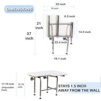 ADA Heavy Duty Padded Shower Seat with Legs, 600lb, 304 Stainless Steel | Folding Shower Chair for Elderly and Disabled, Wall Mounted, 32" x 21' Left Hand - size: 32 x 21" Left Hand