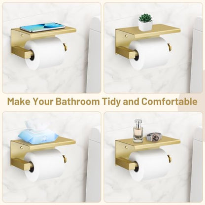 TURS 5-Pieces Brushed Gold Bathroom Hardware Set 23.6 Inch SUS304 Stainless Steel Towel Bar Set Wall Mounted Square Toilet Paper Holder with Shelf - color: Brushed Gold, size: 5-Pieces Set