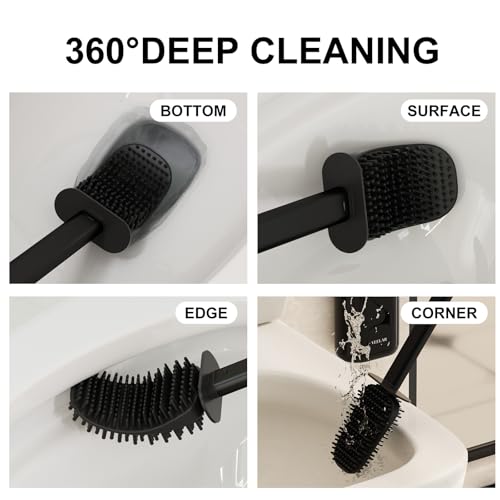 Toilet Brush and Holder Set - Wall Mounted Bathroom Scrub Brush, Toilet Bowl Brush and Plunger Set for Bathroom Cleaner (Black) - color: Black