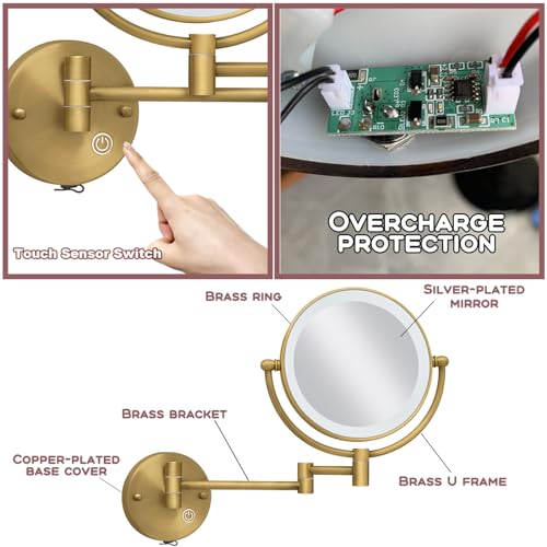 Wall Mounted Makeup Mirror with Lights and Magnification, Antique Brass | 8-Inch, Close Vanity, 1X/5X, 2 Sided, 3 Color LED Lighting, Extension Arm, Brushed Finish, Bathroom Arts Ware, USB Charging - color: Brushed Antique Brass