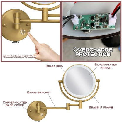 8" Wall Mounted Makeup Mirror with Lights and Magnifying, Rechargeable | 1X/5X, Double Sided, Extending Shaving, 3 Color LED Lighting, Memory Function, 360 Swivel Extendable, Antique Brass - color: Brushed Antique Brass