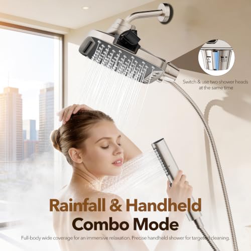 JDO High Pressure Rain Shower Head with Handheld Spray Brushed Nickel | 7 Modes Dual Shower Head, 10-inch Rainfall Showerheads Combo, Detachable Hand Held Shower Wand, Power Jets, 71" Shower Hose - color: Brushed Nickel