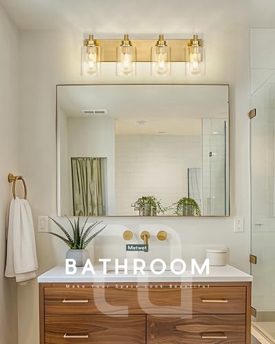 4-Light Brushed Gold Bathroom Vanity Light, Clear Cylinder Glass | 24.5" modern bathroom light fixtures over mirror, E26 base, bulbs not included, VL143-BG-4 - color: Brushed Gold, Cylinder Glass Shade, size: 4-light