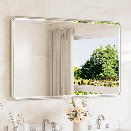Brushed Nickel Mirrors for Wall 48 x 30 Beveled Edge Tempered Glass, Rounded Corner Rectangle Framed Mirror for Modern Bathroom, Living Room, Bedroom, Entryway - color: Brushed Nickel, size: 30"L x 48"W