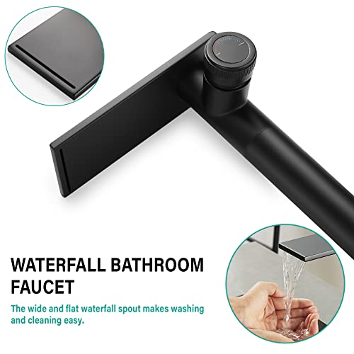 becola Modern Matte Black Bathroom Faucet，Tall Waterfall Faucet for Bathroom Sink，Single Hole Cold and Hot Basin Mixer Tap，Single Handle Vanity Faucet with Adjust Knobs and Two Supply Lines - color: Matte Black, size: Tall
