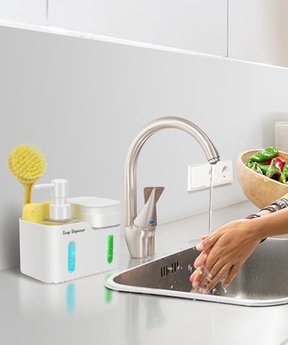 Hand Soap and Dish Soap Dispenser Set for Kitchen, Dual Soap Dispenser with Sponge Holder and Dishcloth Holder 4-in-1 Organizer for Kitchen Sink Countertop, Useful Kitchen Gadgets (White) - color: White