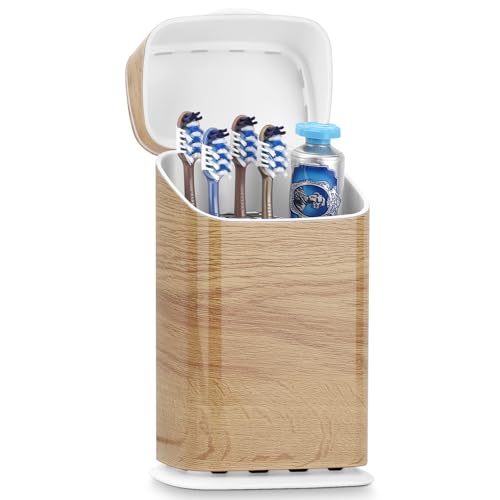 GFWARE Wood Bathroom Toothbrush Holder with Cover, Ventilated & Drainage | 5 Slots Bathroom Toothbrush & Toothpaste Organizer, Keeps Brush Heads Upright for Toothbrushes Under 7.5 Inches, Wood-Look - color: Wood, size: Regular Toothbrush Length Less Than