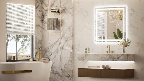 Keonjinn 36" x 36" LED Bathroom Mirror with Lights, HD Tempered Glass | Frontlit and Backlit, Separately Frontlit/Backlit, Double Light Strips, Stepless 3 Colors Light & Dimmable, Fast Defogging - size: 36"L x 36"W