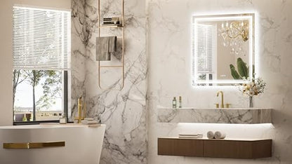 Keonjinn 36" x 36" LED Bathroom Mirror with Lights, HD Tempered Glass | Frontlit and Backlit, Separately Frontlit/Backlit, Double Light Strips, Stepless 3 Colors Light & Dimmable, Fast Defogging - size: 36"L x 36"W