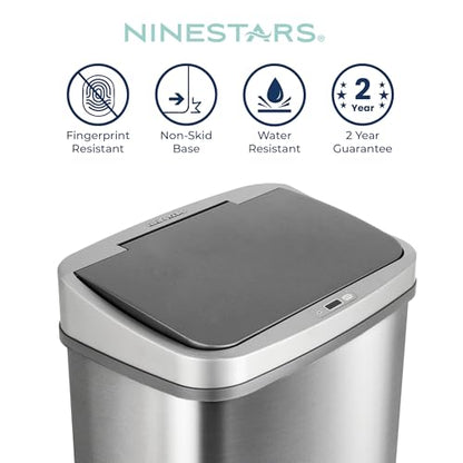 Ninestars DZT-50-28BR Automatic Touchless Motion Sensor Rectangular Trash Can, Black Top, 13 Gal. 49 L., Brush - color: Silver & Black