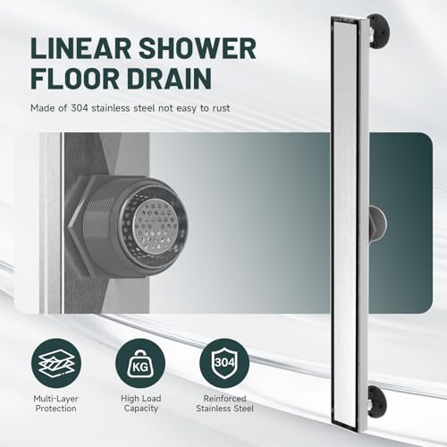 28 Inch Linear Shower Floor Drain, Stainless Steel | Bathroom Floor Drains, Rectangular Shower Trench Floor Drain, Hair Strainer, Brushed Nickel