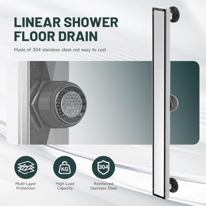 28 Inch Linear Shower Floor Drain, Stainless Steel | Bathroom Floor Drains, Rectangular Shower Trench Floor Drain, Hair Strainer, Brushed Nickel