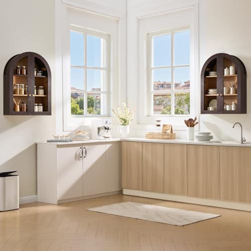 Bathroom Arched Wall Cabinet,23.5'' Wide Medicine Cabinet, Bathroom Cabinet Wall Mount W/Glass Doors & Adjustable Shelves, Over The Toilet Storage Cabinet for Laundry Room, Bedroom,Kitchen, Brown - color: Brown