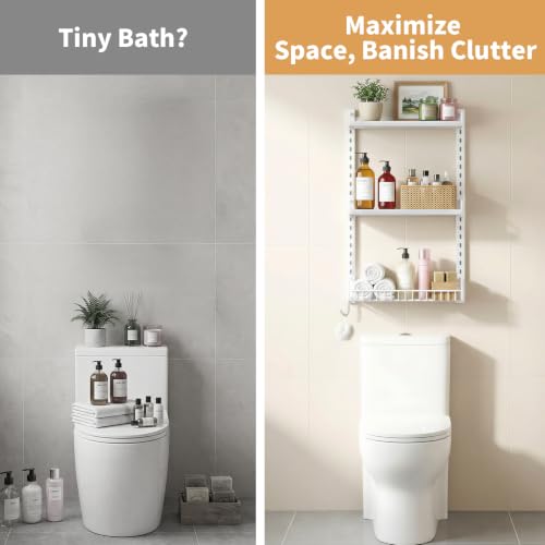 Kalrin 3 Tier Bathroom Shelves Over Toilet - Wall Mounted Floating Shelves with Drain Basket, Toilet Paper Storage, Height Adjustable Over The Toilet Storage, Pure White - color: Pure White