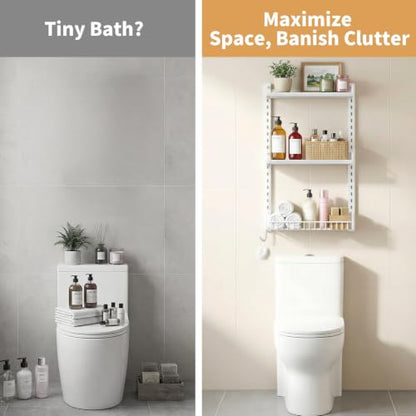 Kalrin 3 Tier Bathroom Shelves Over Toilet - Wall Mounted Floating Shelves with Drain Basket, Toilet Paper Storage, Height Adjustable Over The Toilet Storage, Pure White - color: Pure White