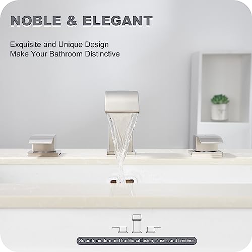 GAGALIFE 8 Inch Waterfall Bathroom Faucets 3 Hole - Brushed Nickel Widespread Bathroom Faucet with Pop-up Drain, Two Handles Bathroom Sink Faucet, Modern Vanity Sink faucets with Supply Lines - color: Brushed Nickel, style: With Drain