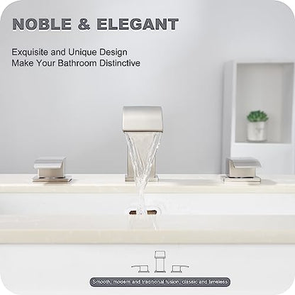 GAGALIFE 8 Inch Waterfall Bathroom Faucets 3 Hole - Brushed Nickel Widespread Bathroom Faucet with Pop-up Drain, Two Handles Bathroom Sink Faucet, Modern Vanity Sink faucets with Supply Lines - color: Brushed Nickel, style: With Drain
