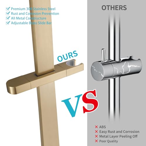 Shower Slide Bar Handheld Shower Head with Hose, Bathroom Showerhead with Handle Spray, High Pressure Shower Slide Bar Height Adjustable with 59.06 Inch Stainless Steel Hose Brushed Gold - color: Brushed Gold-Square
