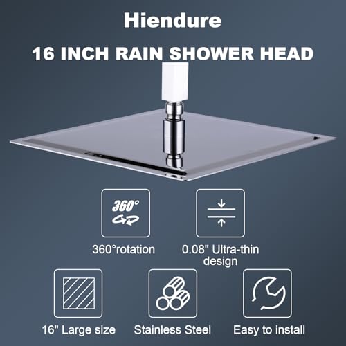 Shower Head, 16 Inch High Pressure Flow Rainfall Shower, Square Ultra Thin Waterfall Bath Showerhead with Silicone Nozzle and Adjustable Metal Swivel Ball Joint, Stainless Steel, Polished Finish