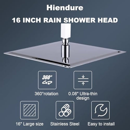 Shower Head, 16 Inch High Pressure Flow Rainfall Shower, Square Ultra Thin Waterfall Bath Showerhead with Silicone Nozzle and Adjustable Metal Swivel Ball Joint, Stainless Steel, Polished Finish