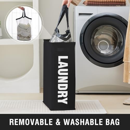 45L Slim Laundry Hamper with Removable Inner Bag & Side Handles, Black | Small Laundry Baskets with Mesh Top, Narrow Dirty Clothes Hamper for Bedroom, Closet, and Bathroom - color: Black - Inner Bag, size: 45L