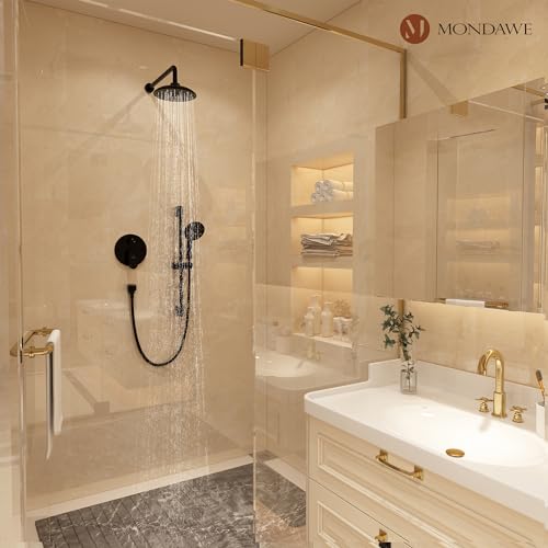 MONDAWE 8 Inch Wall Mounted Shower Faucet Set in Oil Rubbed Bronze, Rainfall Shower Head with 3-Setting Handheld Spray Shower Set Combo, High Pressure Shower System with Solid Brass Valve - color: Oil Rubbed Bronze, style: 8 IN - Without Tub Spout