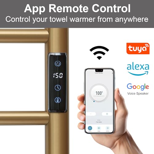 Electric Towel Rack with Voice Control for Alexa & Google Home,TUYA - Wall-Mounted Bathroom Heating Towel Warmer,Plug-in,Stainless Steel Material,16.54x23.62x5.51 in,Gold，4 Bars - color: Gold With Wifi, size: 4 Bar