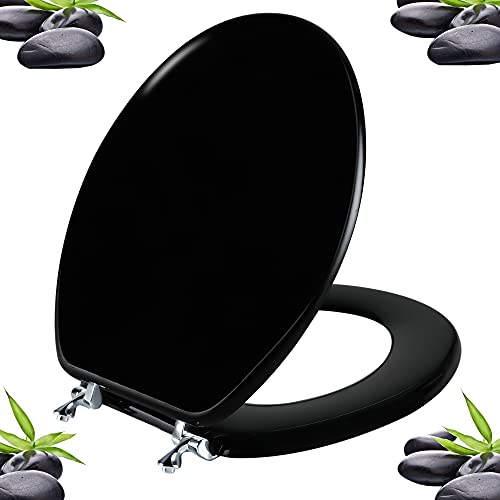 Black Round Toilet Seat Natural Wood Toilet Seat with Zinc Alloy Hinges, Easy to Install also Easy to Clean, Scratch Resistant Toilet Seat by Angol Shiold (Round, Black) - color: Black, size: Round