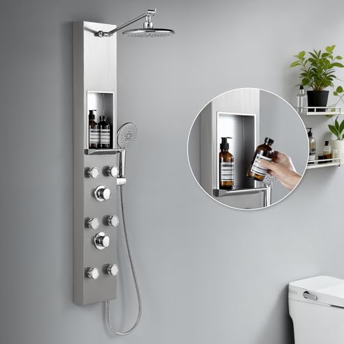 ROVATE Shower Panel Tower System with Shelf & 6 Body Jets, Brushed Finish | Stainless Steel Shower Column with Height Adjustable Shower Arm, Self-Cleaning Rainfall Showerhead & Handheld - color: Brushed Finish