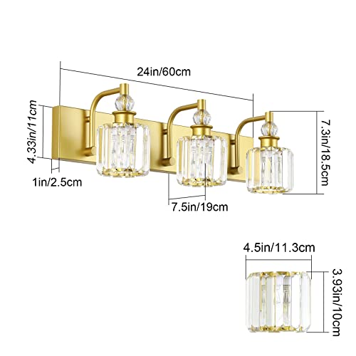 Ralbay Crystal Vanity Light 3 Light Gold Crystal Bathroom Vanity Lights Fixtures Over Mirror Modern Gold Vanity Light - color: Gold, size: 24 inch