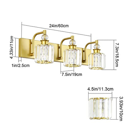 Ralbay Crystal Vanity Light 3 Light Gold Crystal Bathroom Vanity Lights Fixtures Over Mirror Modern Gold Vanity Light - color: Gold, size: 24 inch
