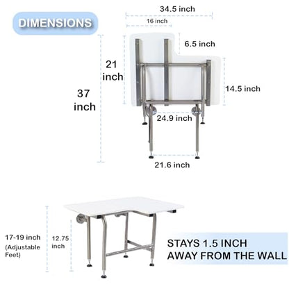 HDP ADA Heavy Duty Shower Seat With Legs - 304 Stainless Steel Chair for Elderly and Disabled - Folding Wall Mounted Seat 34.5" x 21" Left Hand - 600lbs Capacity - size: 34.5 Left