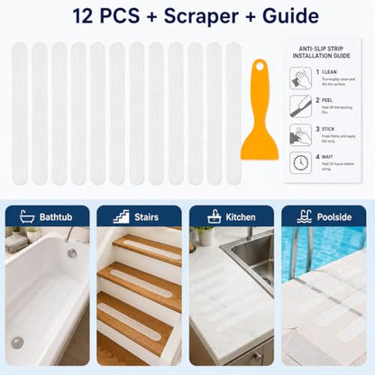12/24 Pcs Anti-Slip Shower Strips, PEVA Bathtub Treads, Clear, 24 Pieces | 12/24 Pcs Anti-Slip Shower Strips. With Scraper, Stairs. For practical routines at home, work, school, travel, storage. - color: Transparent-straight Line 12