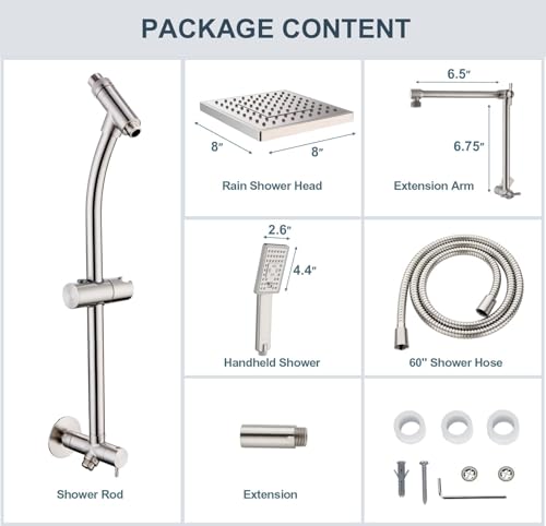 BRIGHT SHOWERS Rain Shower Heads System, Rainfall Shower Head with Handheld Spray Combo Includes Solid Brass Slide Bar, Height Adjustable Holder, Shower Extension Arm and 60" Long Hose, Brushed Nickel - color: Brushed Nickel