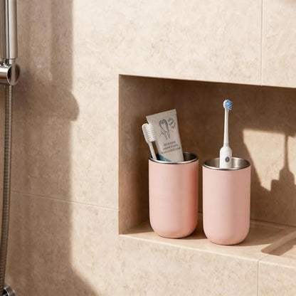 Unbreakable Stainless Steel Toothbrush Holder Tumbler Cup for Bathroom 13oz | Reusable Kids Bathroom Tumbler Cup & Tooth Brush Holder, Countertop Toothpaste Organizer Storage Set, Pink 2 Pack - color: Pink