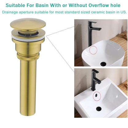 Bathroom Sink Drain With Overflow and Without Overflow Vessel Sink Lavatory Vanity Dual Use Pop Up Drain Stopper,All Metal Rustproof Brass and 304 Stainless Steel,Brushed Dark Gold - color: Brushed Dark Gold