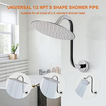S Shaped Shower Arm, High Rise Shower Head Extension Pipe Standard 1/2" Connection with Flange, Awesome Shower Experience-Stainless Steel Bathroom Accessory(10 Inch S Shape, Chrome Finish) - color: Chrome Finish, style: 10" S Shape