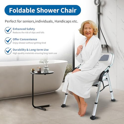 Shower Chair for Elderly & Disabled, Folding Shower Chair Seat with Arm and Back, Inside Shower Chair, Foldable Bathroom Chairs for Sitting, Portable for Travel - Collapsible, Compact & Comfortable