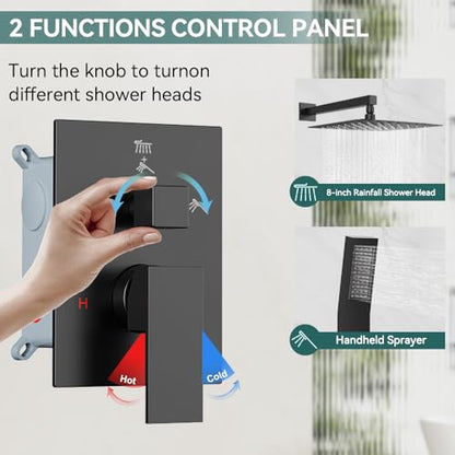 STARBATH Shower Faucet Set Shower System with Diverter Valve, Matte Black | 8" Wall Mount Rain Shower Head and Handheld Spray for Two Person, Shower Set with Valve and Trim Kit Complete - color: Matte Black, size: 8"-01
