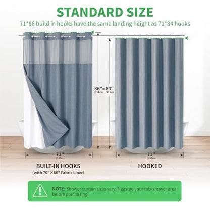eachope No Hook Fabric Shower Curtain with Snap-in Liner,71x86 Blue Grey | Extra Long,Linen Texture,230GSM Thick Fabric,Mesh Window,Bottom Magnetic,Waterproof & Machine Washable,for Bathroom,Hotel Use - color: Blue Grey, size: 71"W x 86"L (Pack of 1)