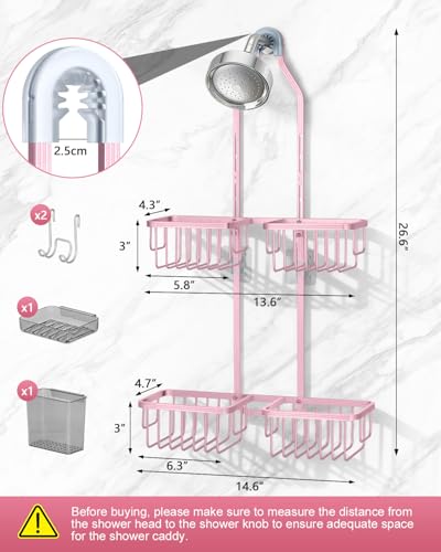 Adjustable Shower Caddy Hanging for Handheld Showerheads - Never Rust Shower Hanging Organizer, Upgraded Bathroom Shower Rack with Soap Basket, Hooks and Toothbrush Holder (Pink) - color: Pink