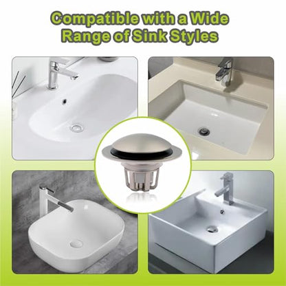 Pop Up Sink Drain Stopper Hair Catcher - Brushed Nickel 1 Pack | Satin nickel strainer replacement, Fits 1-1/8 & 1-1/2 drains, Anti clog hair catcher, Quick pop up seal, Push button gaskets. - color: Brushed Nickel
